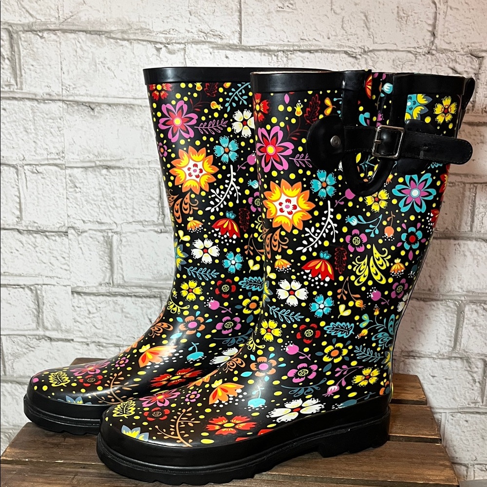 Western Chief Tall Black Floral Rain Boots - Picture 2 of 11